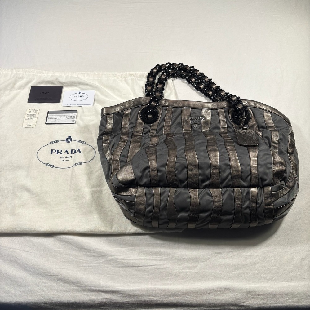 Prada Metalic Napa Tessuto Nylon Mordore Striped Pre-Owned Metallic Chain‎ Tote